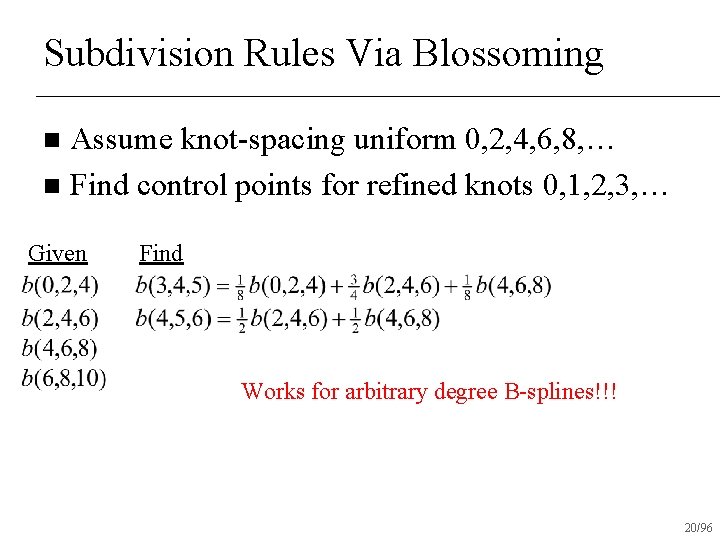 Subdivision Rules Via Blossoming Assume knot-spacing uniform 0, 2, 4, 6, 8, … n