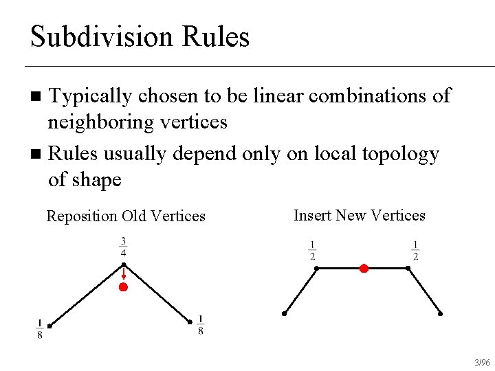 Subdivision Rules Typically chosen to be linear combinations of neighboring vertices n Rules usually