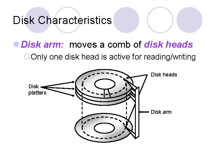 Disk Characteristics l Disk arm: moves a comb of disk heads ¡Only one disk