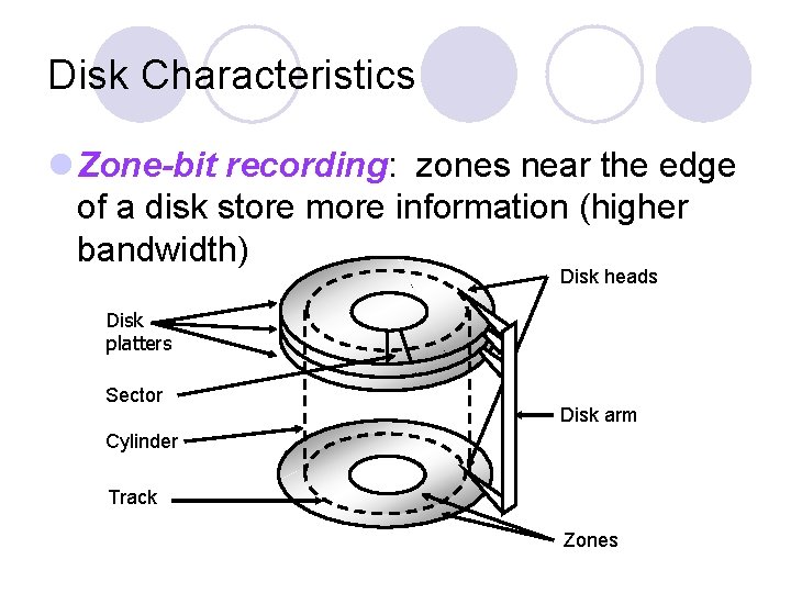 Disk Characteristics l Zone-bit recording: zones near the edge of a disk store more