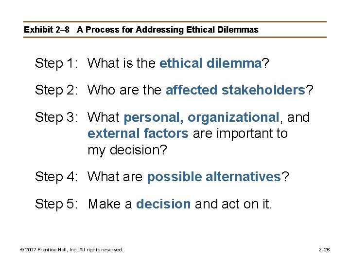 Exhibit 2– 8 A Process for Addressing Ethical Dilemmas Step 1: What is the