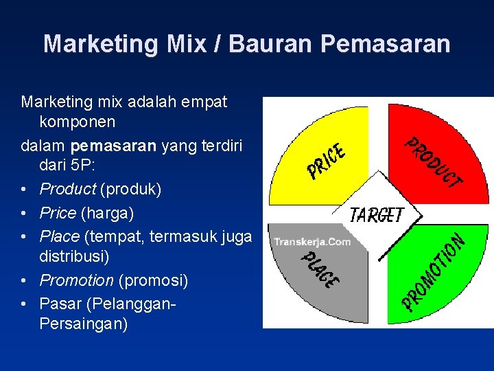 Marketing Mix / Bauran Pemasaran Marketing mix adalah empat komponen dalam pemasaran yang terdiri