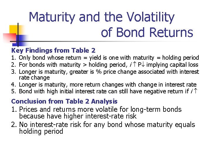 Maturity and the Volatility of Bond Returns Key Findings from Table 2 1. Only