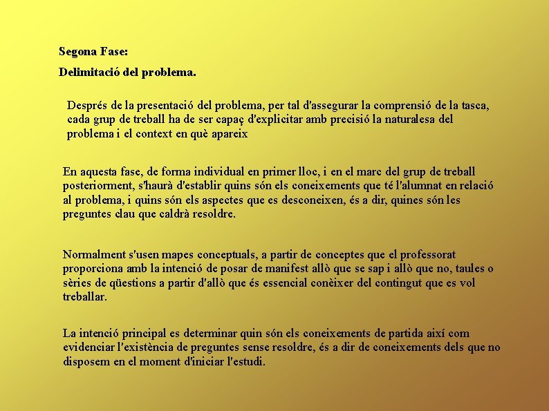 Segona Fase: Delimitació del problema. Després de la presentació del problema, per tal d'assegurar