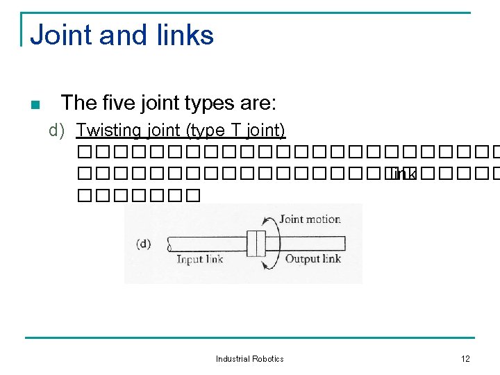 Joint and links n The five joint types are: d) Twisting joint (type T