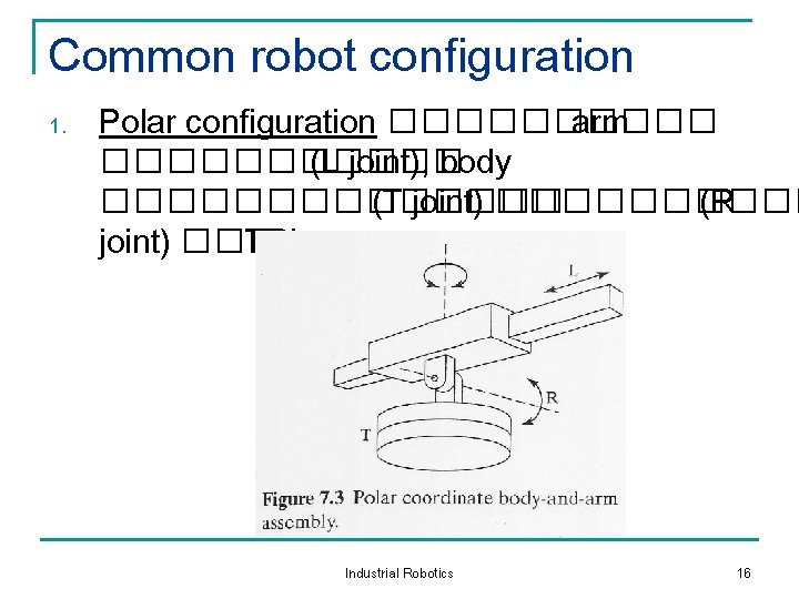 Common robot configuration 1. Polar configuration ����� arm ������ (L joint), body ������� (T