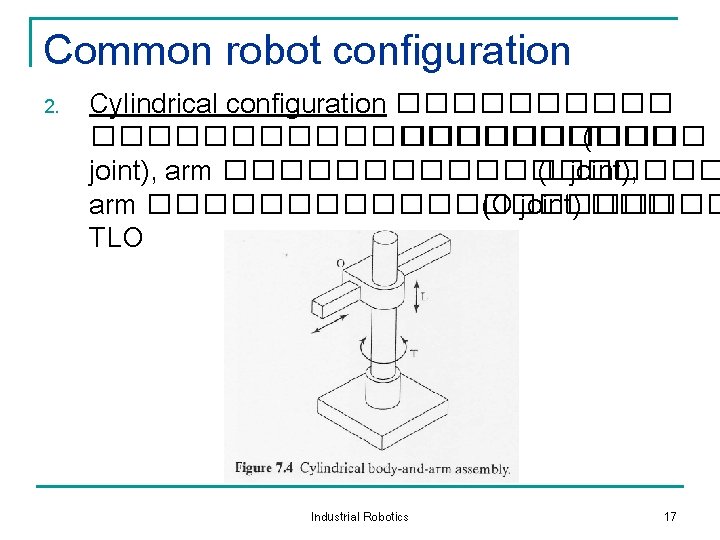 Common robot configuration 2. Cylindrical configuration ��������������������� (T joint), arm ��������� (L joint), arm