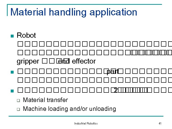 Material handling application n Robot ���������������������� gripper ���� end effector ����������� part ���������������������� 2 Material handling application n Robot ���������������������� gripper ���� end effector ����������� part ���������������������� 2
