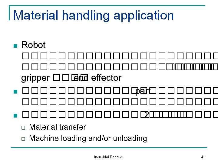 Material handling application n Robot ���������������������� gripper ���� end effector ����������� part ���������������������� 2