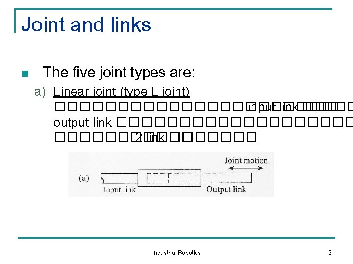 Joint and links n The five joint types are: a) Linear joint (type L