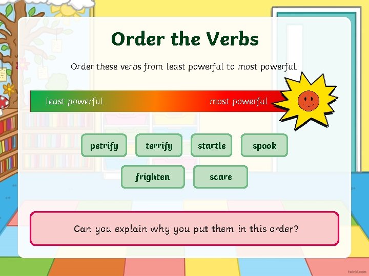 Order the Verbs Order these verbs from least powerful to most powerful least powerful