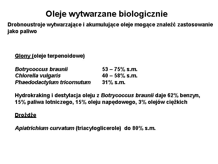 Oleje wytwarzane biologicznie Drobnoustroje wytwarzające i akumulujące oleje mogące znaleźć zastosowanie jako paliwo Glony