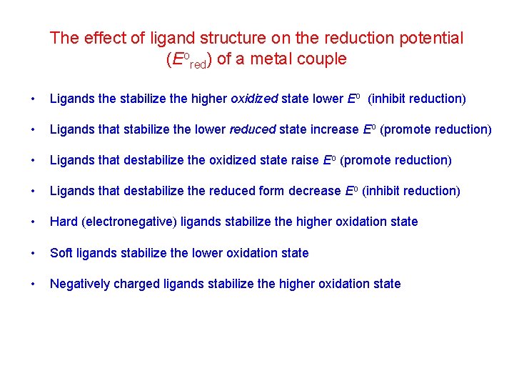 The effect of ligand structure on the reduction potential (Eored) of a metal couple