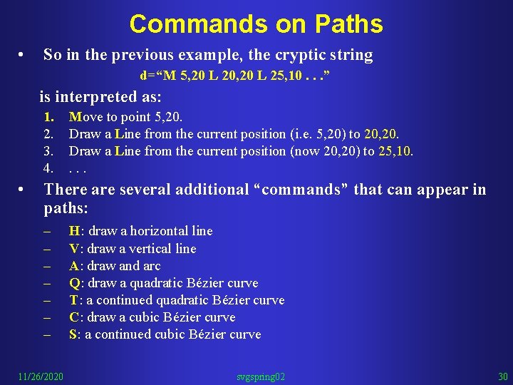 Commands on Paths • So in the previous example, the cryptic string d=“M 5,