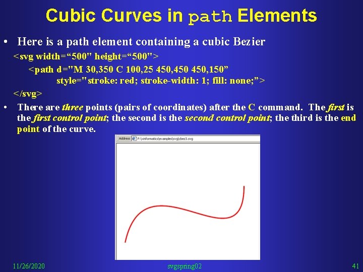 Cubic Curves in path Elements • Here is a path element containing a cubic