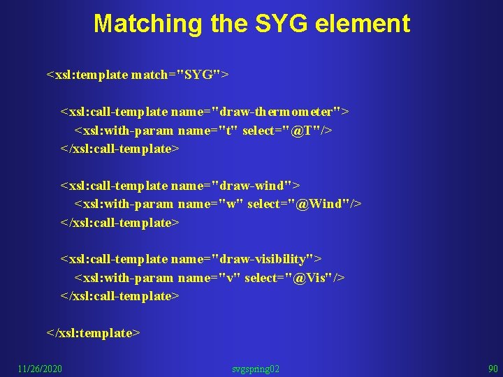 Matching the SYG element <xsl: template match="SYG"> <xsl: call-template name="draw-thermometer"> <xsl: with-param name="t" select="@T"/>