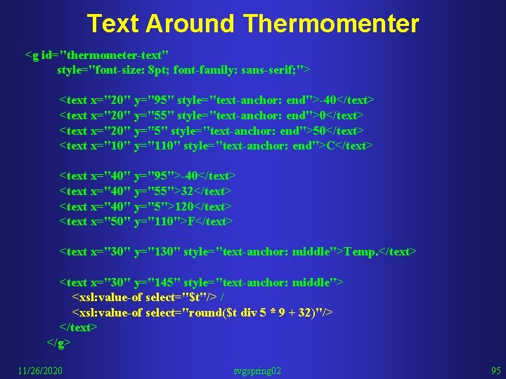 Text Around Thermomenter <g id="thermometer-text" style="font-size: 8 pt; font-family: sans-serif; "> <text x="20" y="95"