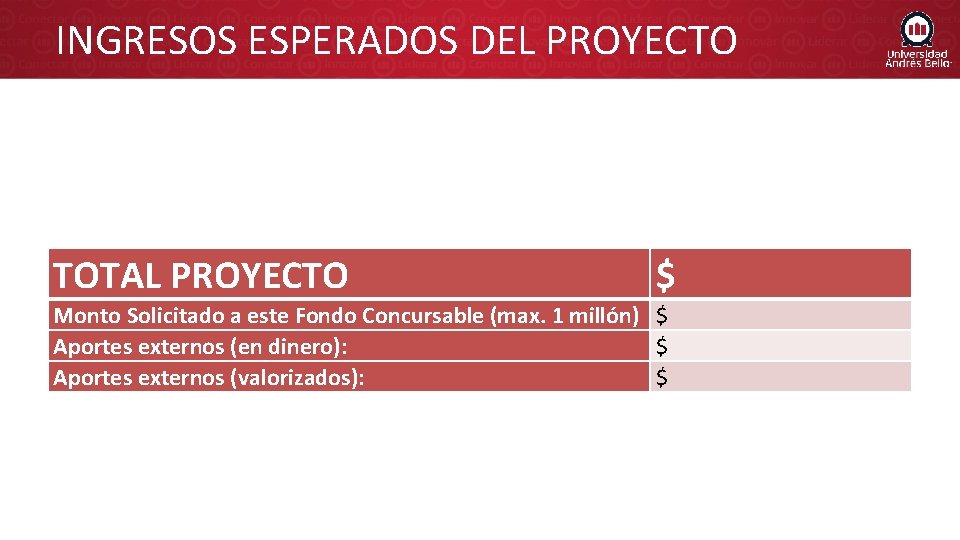 INGRESOS ESPERADOS DEL PROYECTO TOTAL PROYECTO $ Monto Solicitado a este Fondo Concursable (max.