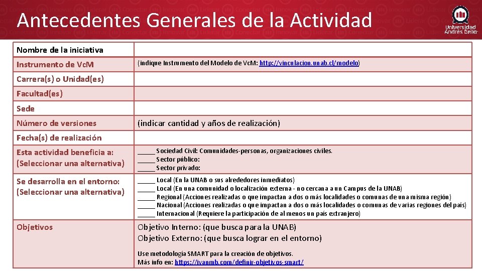 Antecedentes Generales de la Actividad Nombre de la iniciativa Instrumento de Vc. M (indique