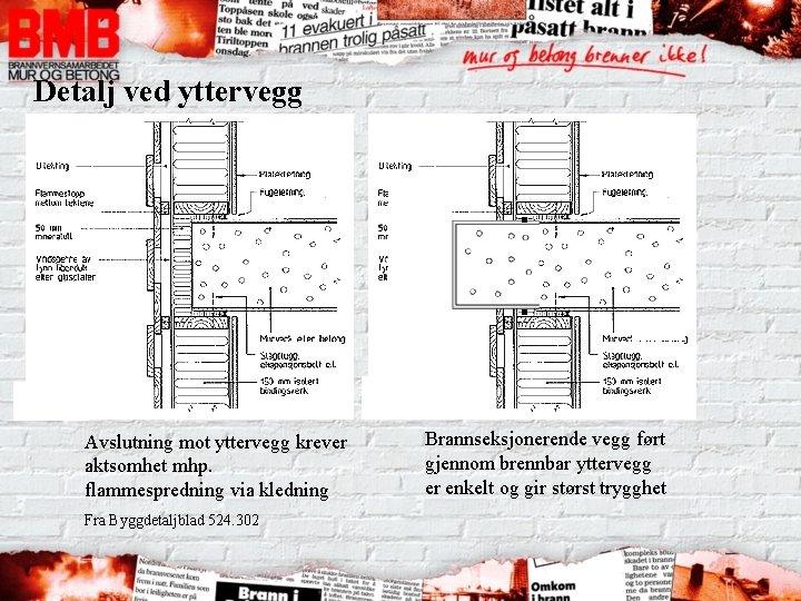 Detalj ved yttervegg Avslutning mot yttervegg krever aktsomhet mhp. flammespredning via kledning Fra Byggdetaljblad