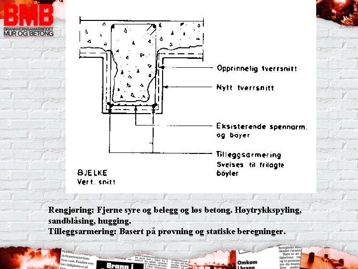 Rengjøring: Fjerne syre og belegg og løs betong. Høytrykkspyling, sandblåsing, hugging. Tilleggsarmering: Basert på