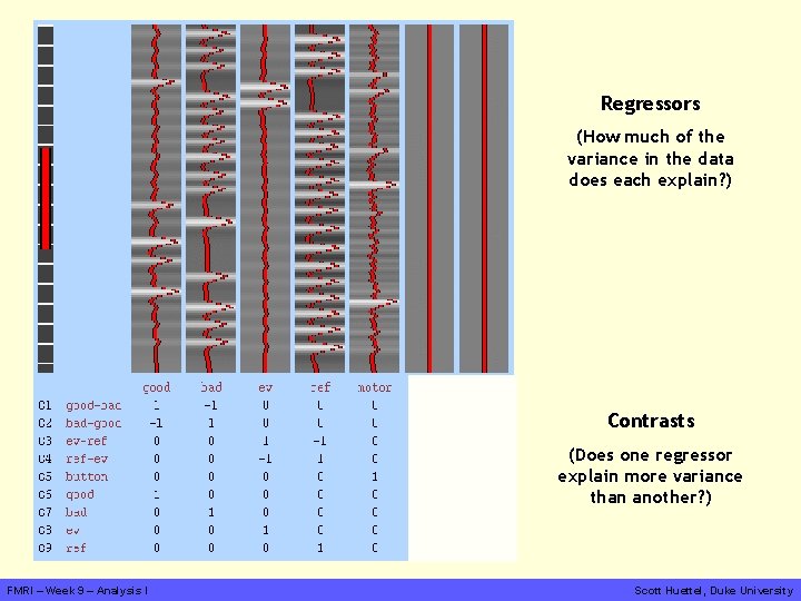 Regressors (How much of the variance in the data does each explain? ) Contrasts