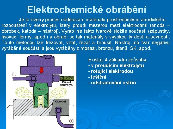 Elektrochemické obrábění Je to řízený proces oddělování materiálu prostřednictvím anodického rozpouštění v elektrolytu, který