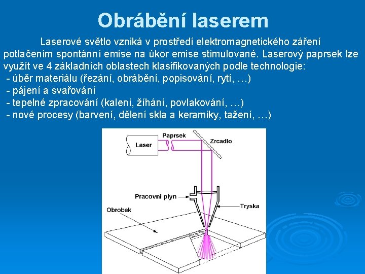 Obrábění laserem Laserové světlo vzniká v prostředí elektromagnetického záření potlačením spontánní emise na úkor