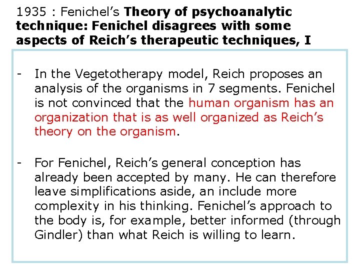 1935 : Fenichel’s Theory of psychoanalytic technique: Fenichel disagrees with some aspects of Reich’s