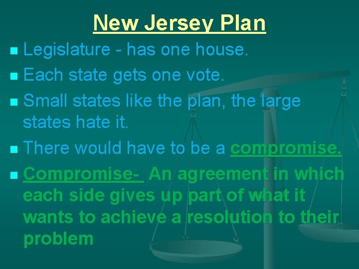 New Jersey Plan Legislature - has one house. n Each state gets one vote.