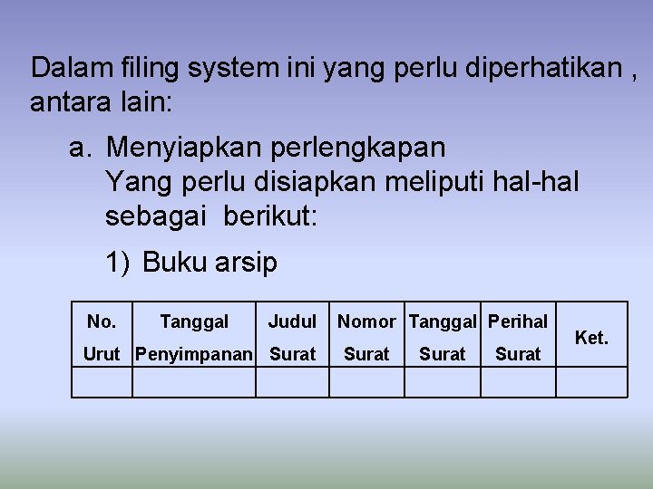 Dalam filing system ini yang perlu diperhatikan , antara lain: a. Menyiapkan perlengkapan Yang