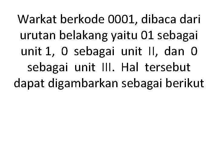 Warkat berkode 0001, dibaca dari urutan belakang yaitu 01 sebagai unit 1, 0 sebagai