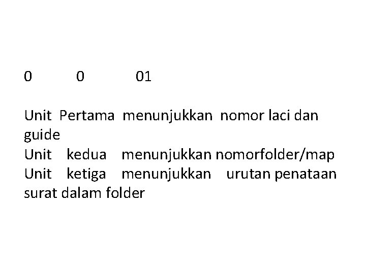 0 0 01 Unit Pertama menunjukkan nomor laci dan guide Unit kedua menunjukkan nomorfolder/map