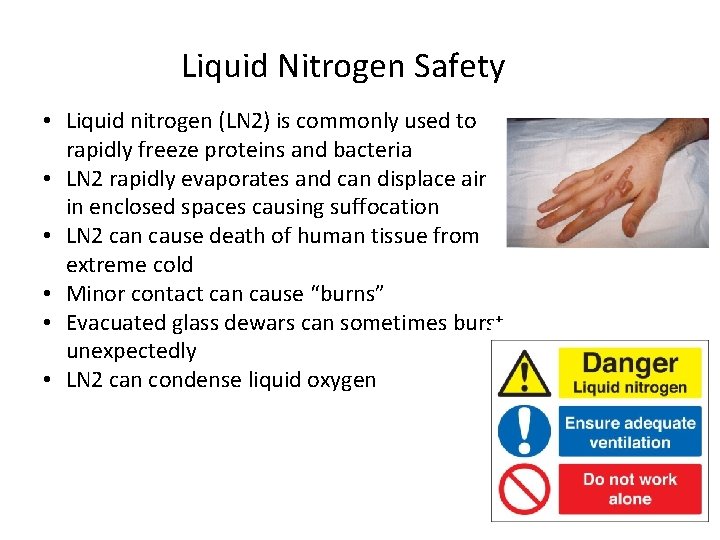 Liquid Nitrogen Safety • Liquid nitrogen (LN 2) is commonly used to rapidly freeze