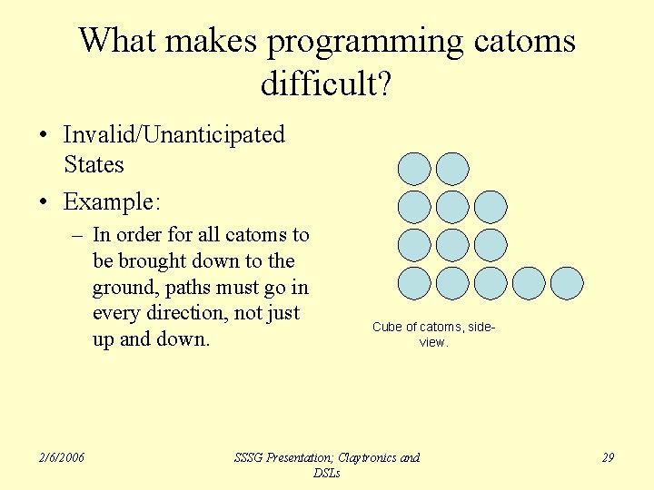 What makes programming catoms difficult? • Invalid/Unanticipated States • Example: – In order for