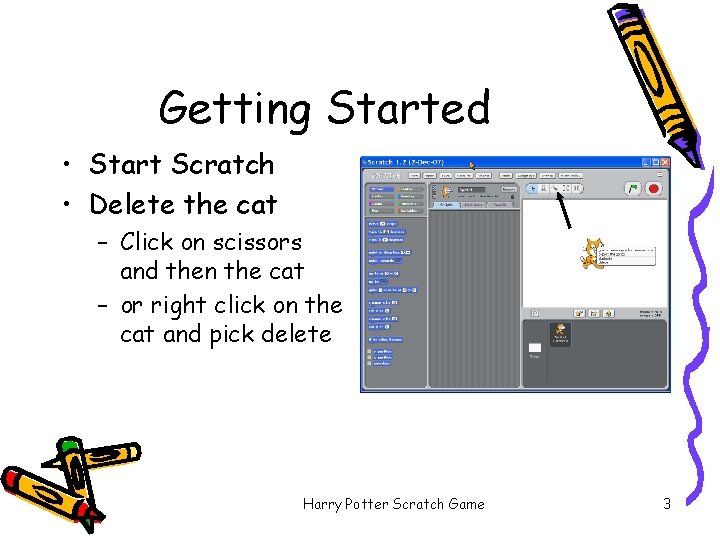 Getting Started • Start Scratch • Delete the cat – Click on scissors and