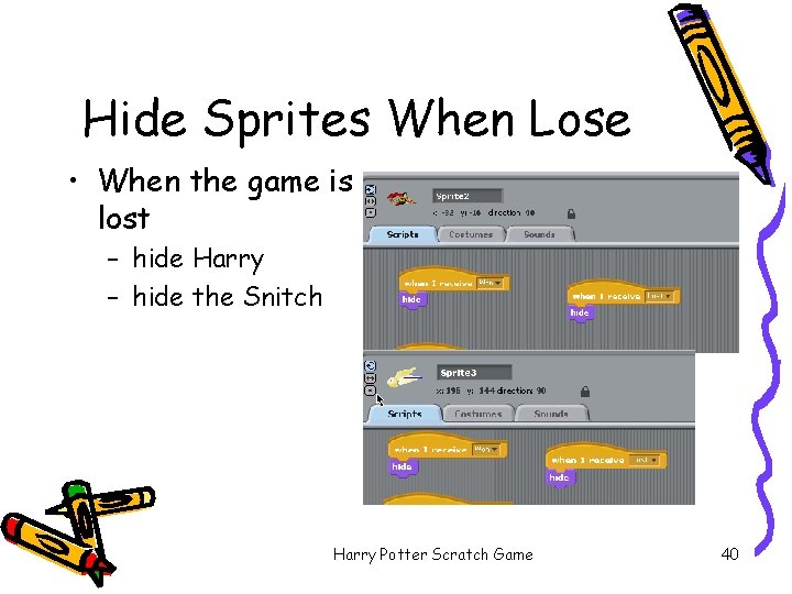 Hide Sprites When Lose • When the game is lost – hide Harry –
