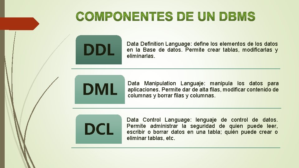 DDL Data Definition Language: define los elementos de los datos en la Base de