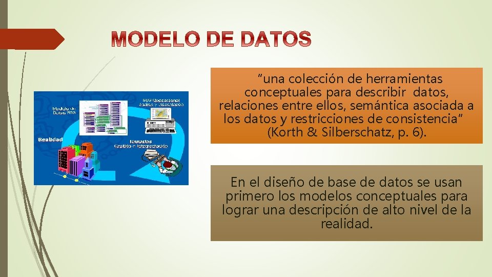 “una colección de herramientas conceptuales para describir datos, relaciones entre ellos, semántica asociada a