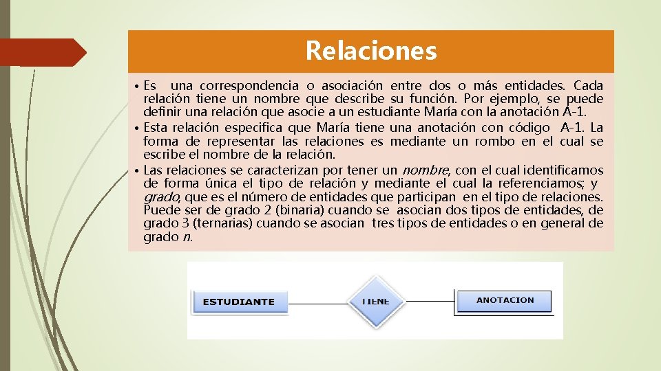 Relaciones • Es una correspondencia o asociación entre dos o más entidades. Cada relación
