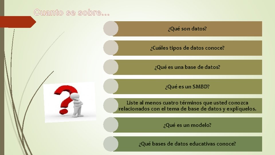 Cuanto se sobre… ¿Qué son datos? ¿Cuáles tipos de datos conoce? ¿Qué es una