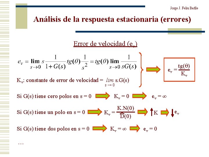 Jorge J. Feliu Batlle Análisis de la respuestacionaria (errores) Error de velocidad (ev) ev