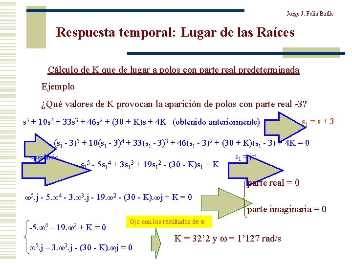 Jorge J. Feliu Batlle Respuesta temporal: Lugar de las Raíces Cálculo de K que