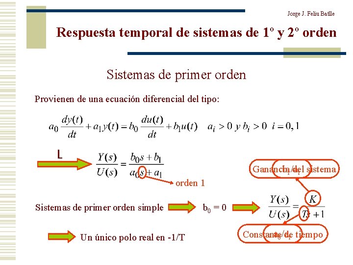 Jorge J. Feliu Batlle Respuesta temporal de sistemas de 1º y 2º orden Sistemas