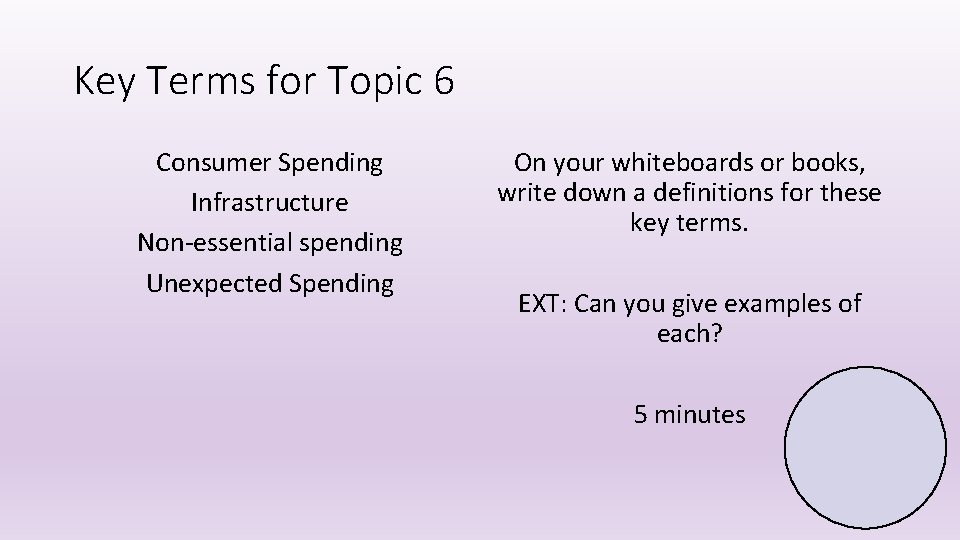 Key Terms for Topic 6 Consumer Spending Infrastructure Non-essential spending Unexpected Spending On your