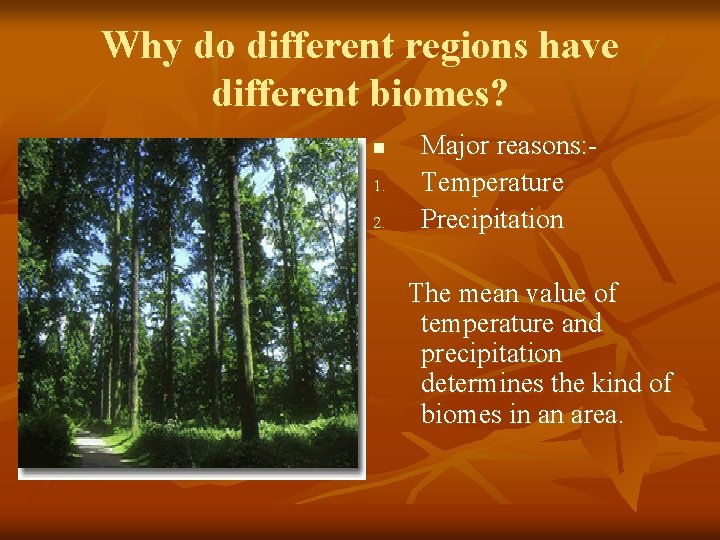 Why do different regions have different biomes? n 1. 2. Major reasons: Temperature Precipitation