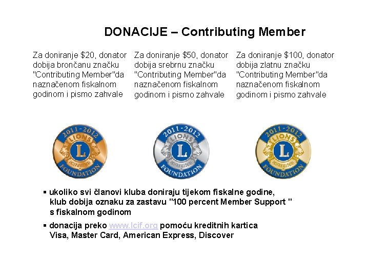 DONACIJE – Contributing Member Za doniranje $20, donator dobija brončanu značku "Contributing Member"da naznačenom
