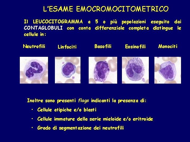 L’ESAME EMOCROMOCITOMETRICO Il LEUCOCITOGRAMMA a 5 o più popolazioni eseguito dai CONTAGLOBULI conta differenziale
