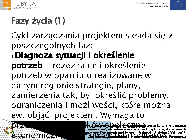 Fazy życia (1) Cykl zarządzania projektem składa się z poszczególnych faz: 1. Diagnoza sytuacji