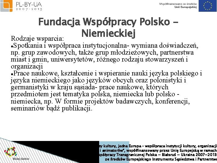 Fundacja Współpracy Polsko Niemieckiej Rodzaje wsparcia: Spotkania i współpraca instytucjonalna- wymiana doświadczeń, np. grup